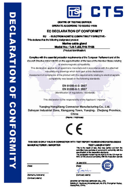 Κίνα ZHEJIANG HONGXIANG CONNECTOR MANUFACTURING CO.,LTD. Πιστοποιήσεις